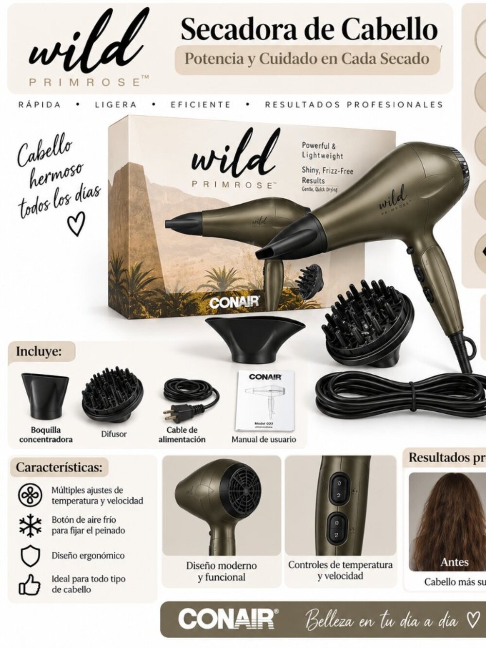 Secadora de Cabello Conair Wild Primrose™ – Con Difusor y Boquilla – Nueva